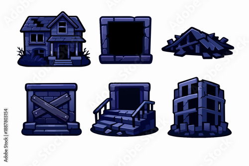 Destroyed buildings creating game assets, abandoned city ruin cartoon style collection