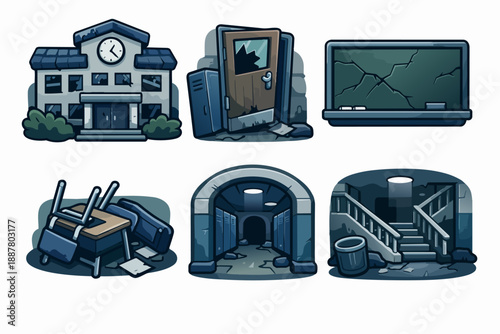 Collection of abandoned school elements, depicting dereliction and destruction