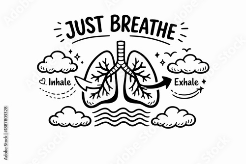 Just breathe hand drawn concept with lungs, exhale and inhale arrows, and clouds