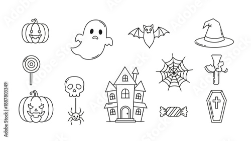 Konstfotografi : Halloween outline icon set, cute and simple line drawings, including pumpkin,