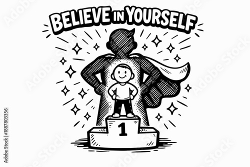 Child standing on podium with superhero shadow, believing in self concept