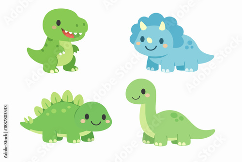 Cute cartoon dinosaurs for kids, including t-rex, triceratops, stegosaurus, brachiosaurus