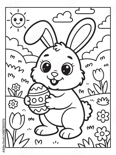 Happy Easter Coloring Activity Book for Adults, Teens, and Kids. Black and white coloring pages, cute style.