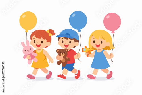 Happy children walking together holding balloons and toys, celebrating childhood play