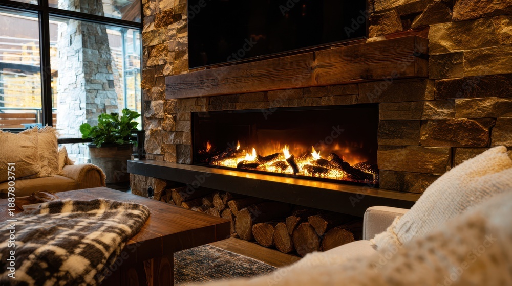 Fototapeta premium Electric fireplace setup in a lodges lounge area emphasizing clean installation and customizable flames for a safe hasslefree cozy environment.