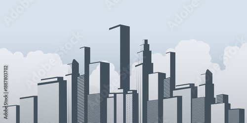 Skyscraper Cityscape Silhouette with Modern Tall High Rise Buildings - Urban Skyline Illustration Featuring Skyscrapers in Grey Tones Against Pale Blue Sky with Clouds -Vector Template