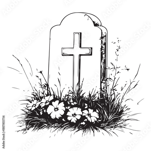 Gravestone silhouette vector set, black tombstone icons with grass, cemetery elements for Halloween, memorial design, spooky clipart, religious symbols, RIP graphics