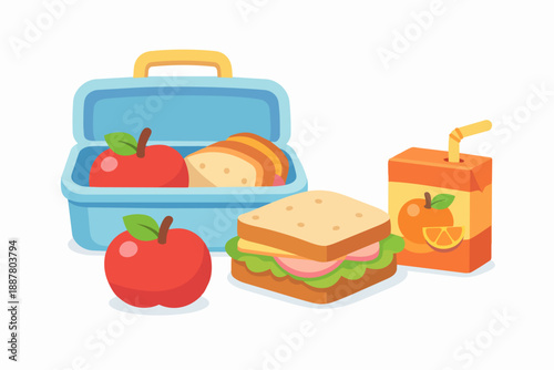 Preparing a healthy school lunchbox with sandwich, apples, and orange juice