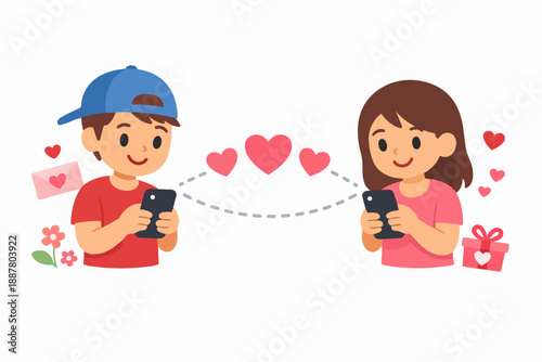 Young couple communicating online using dating app with hearts and love messages