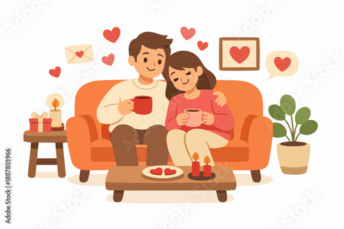 Young couple relaxing on a sofa, sharing coffee cups, surrounded by hearts and candles