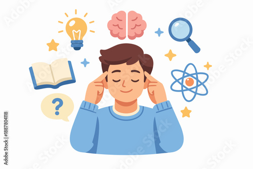 Man thinking, developing ideas, creativity, learning, and finding solutions