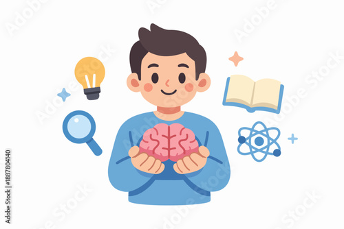 Young student holding brain, surrounded by learning and science symbols