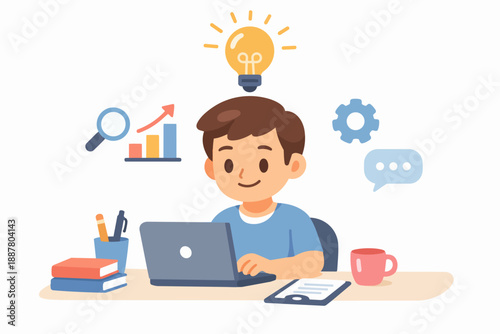 Young boy working on laptop learning and developing new ideas online