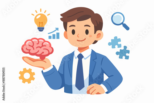 Wallpaper Mural Business man presenting brain with idea, research, strategy, and solution symbols Torontodigital.ca