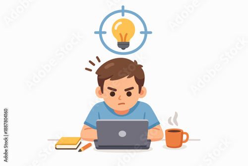 Person thinking, looking for an idea, working on laptop, seeking problem solution concept