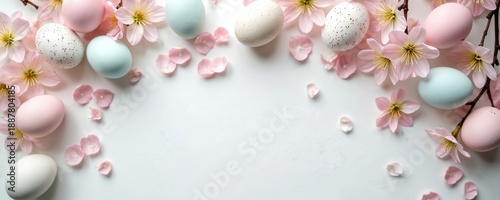 Easter eggs and pink flowers arranged on a white surface. Pastel colored eggs and spring blossoms create a festive holiday background for greetings or invitations.