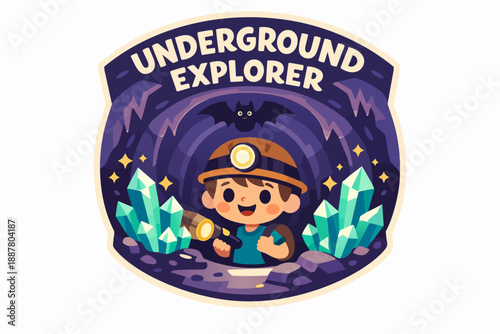 Underground explorer badge featuring cartoon boy, bat, and shining crystals in a cave