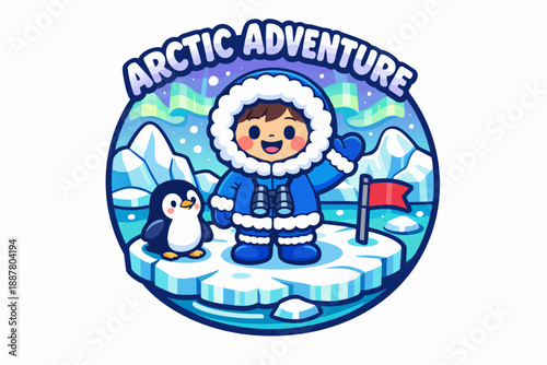 Arctic adventure concept with happy explorer boy and penguin on an ice floe