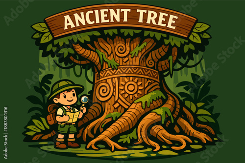 Young explorer discovering ancient jungle tree with map and magnifying glass