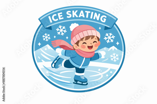 Happy boy ice skating, enjoying winter sport activity with snowflakes and mountains