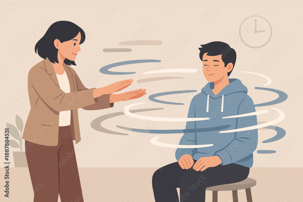 Fototapeta premium Woman performing hypnosis therapy on man for mental health and relaxation