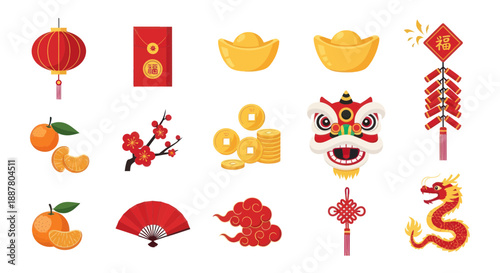 Chinese New Year Icons: Dragon, Lantern, Lucky Money, Oranges, Firecrackers, Lion Dance