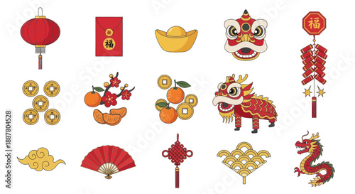 Schilderij op canvas Chinese New Year Icons: Lantern, Dragon, Lion Dance, Red Envelope, Firecrackers,
