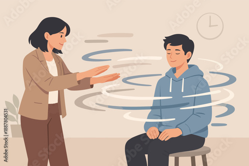 Woman performing hypnosis therapy on man for mental health and relaxation