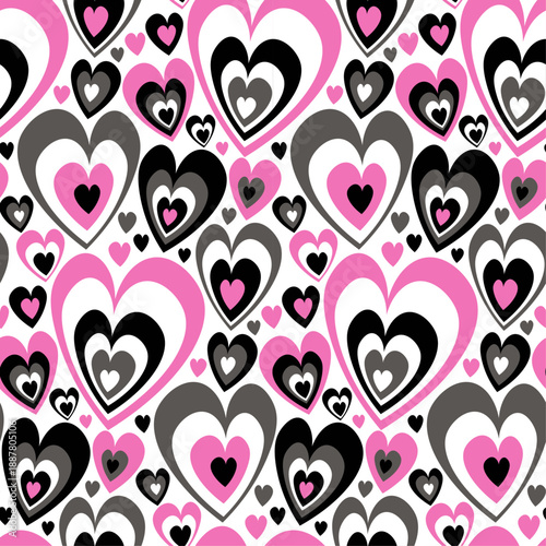 Seamless pattern with pink, black and white, grey colors hearts. Romantic background. Love, valentine's day themes.