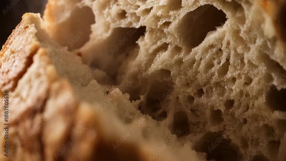 Breaking fresh bread slow motion bakery commercial close up warm crust ...