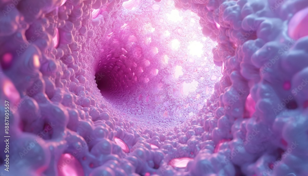 Fototapeta premium Organic tunnel with glowing pink and purple fluid forms. Abstract 3D render simulates inner space or microscopic world. Smooth, bubbly texture creates wonder.