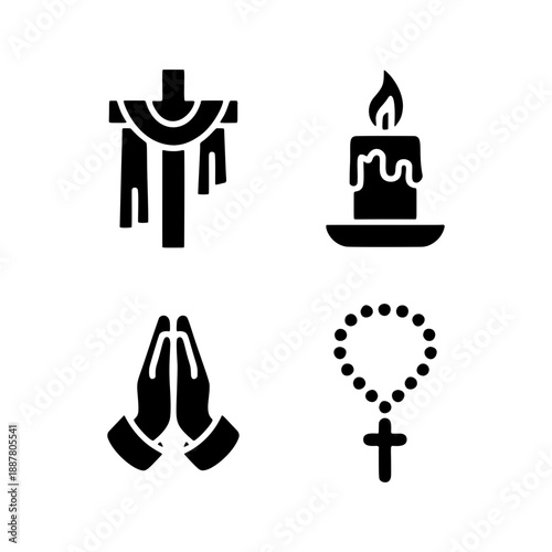 Sacred Symbols: A close-up illustration showcasing the elegant and symbolic details of a cross, rosary, praying hands, and candle, each representing core tenets of faith.