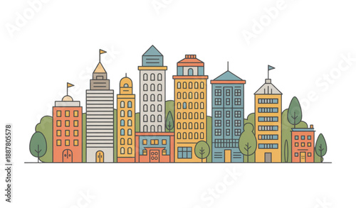 Colorful city skyline with modern buildings and trees isolated on white background urban landscape vector illustration