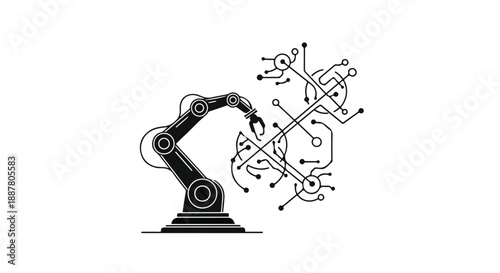 Robotic arm interacting with futuristic neural network diagram in modern technological innovation setting with artificial intelligence and machine learning concepts
