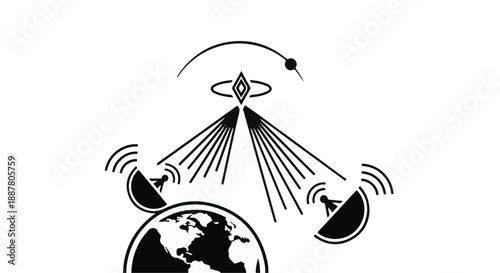 Global communication satellite technology concept with earth and signal waves in black and white modern illustration