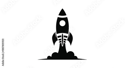 Black silhouette of a rocket ship launching into space with flames and smoke, modern abstract symbol for business success and innovation