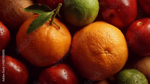 Vibrant Arrangement of Fresh Fruits Including Red Apples, Oranges, Green Limes, and Juicy Kiwis on Wooden Surface with Water Droplets