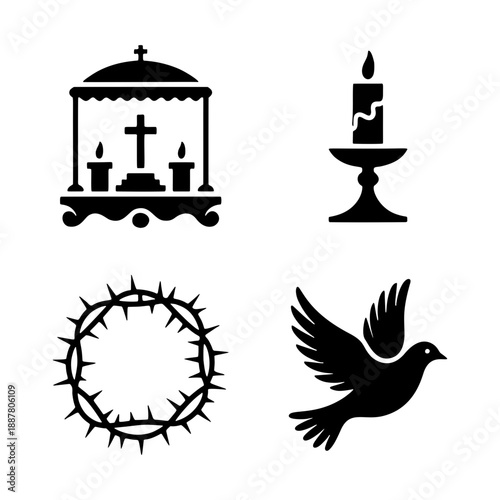 Religious Symbols: A captivating collection of iconic, minimalist illustrations, capturing the essence of spirituality and faith with a monochrome aesthetic.