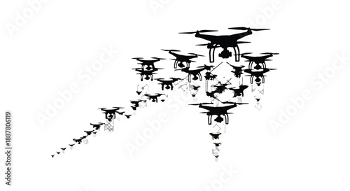Drone swarm flying in formation trail modern technology concept illustration