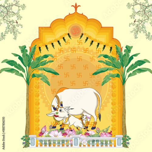 Quadro em tela Yellow Devoted Cow mother and Child Pichwai Traditional Wallpaper