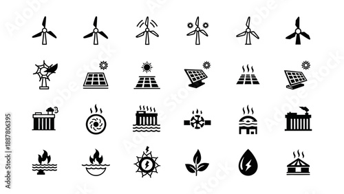 Set of icons depicting renewable energy sources including wind turbines, solar panels, and geothermal power