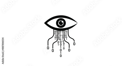 Futuristic eye with binary code streaming down, symbolizing artificial intelligence and data visualization in a modern technological concept