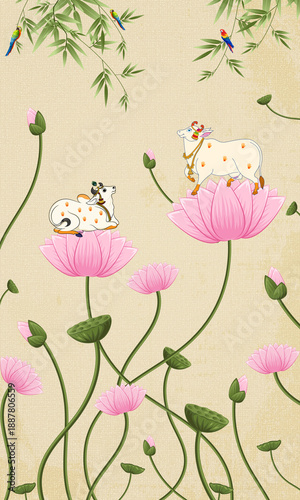 PICHWAI COW AND LOTUS KAMDHENU STYLE WALLPAPAER
