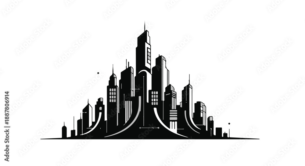 Obraz premium Modern city skyline urban landscape silhouette illustration with skyscrapers and buildings in black and white on white background for design and architecture concepts