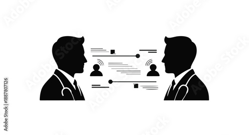 Doctors talking to each other with patient data and medical records, healthcare professionals discussing treatment plan in modern hospital setting with digital interface