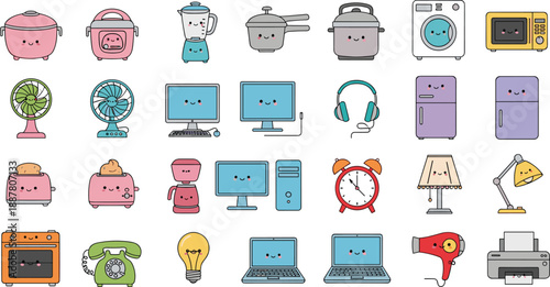 Cartoon household appliances with faces vector set, cute electronics and kitchen devices, educational illustration for kids, home utilities