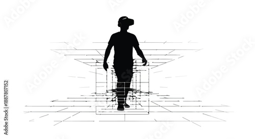 Silhouette of futuristic woman wearing virtual reality headset walking through digital grid network cityscape background