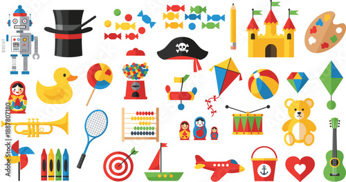 Colorful Kids Toys and Playtime Icon Set with Robot Castle Drum Kite and Musical Instruments for Children Design