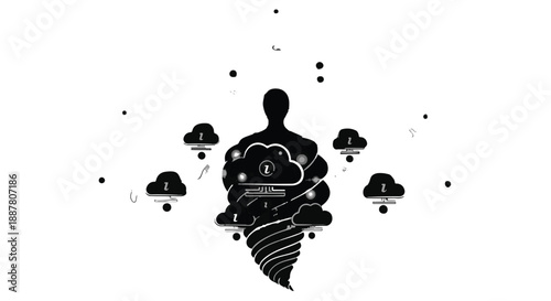 Silhouette of person meditating surrounded by clouds and stars in peaceful contemplative atmosphere