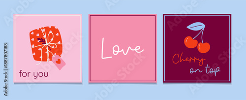 Love cards set. Romantic Valentine's Day greetings. Minimalist art design with gift box, cherries, calligraphy, perfect for wedding, bachelorette parties. Hand drawn vector illustrations.
